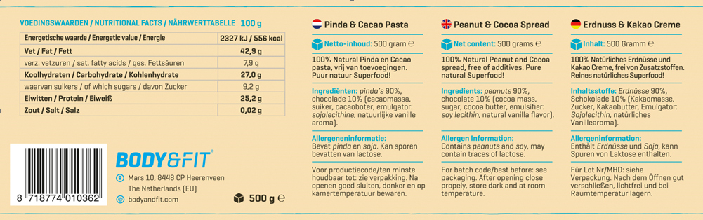 Body & Fit Natural Pinda and Cacao | Burákové máslo s Kakaovými boby | Happy Food | kupuj na FitnessMuscle.eu